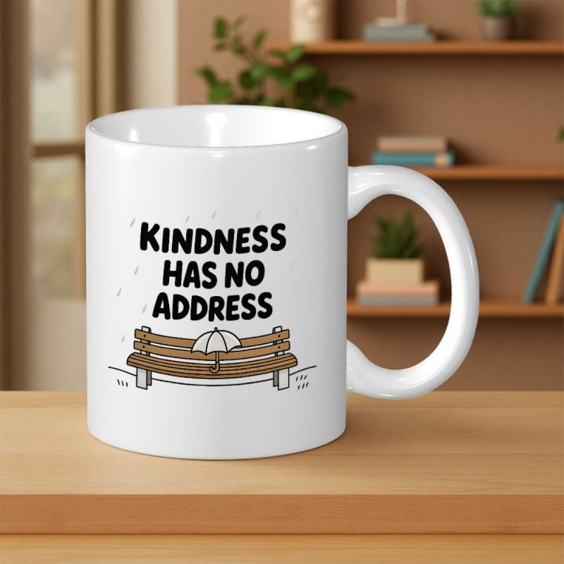 Tailorly White Ceramic 11 oz Mug - Kindness Has No Address Wooden Park Bench With Small White Umbrella Resting In Rain Bench