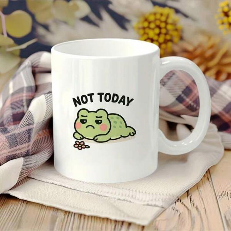 Tailorly White Ceramic 11 oz Mug - Not Today Grumpy Little Green Animal Resting Lazily With A Tired Expression Frog