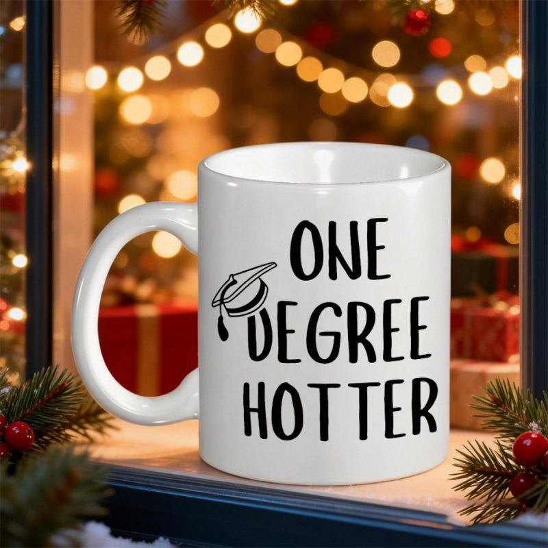 Tailorly White Ceramic 11 oz Mug - One Degree Hotter Minimalist Black Ink Graduation Cap Icon On Smooth Mug