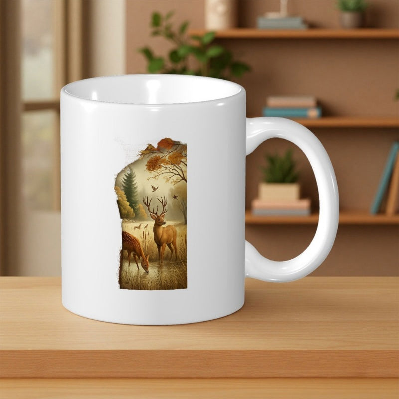 Tailorly White Ceramic 11 oz Mug - Golden Autumn Forest Scene With Majestic Standing Antlered Buck Deer