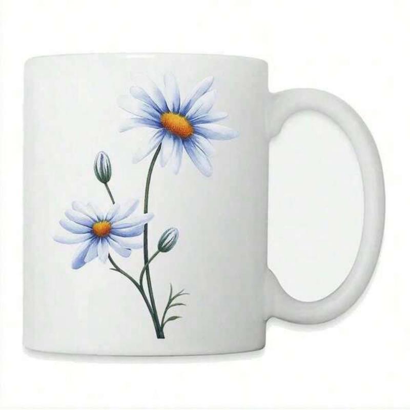 Tailorly White Ceramic 11 oz Mug - Elegant Botanical Illustration Featuring Blooming Petals Among Green Stems And Small Buds Daisy