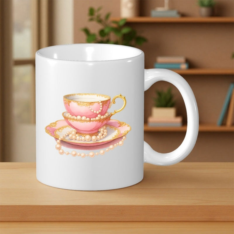 Tailorly White Ceramic 11 oz Mug - Elegant Pink Vintage Porcelain With Golden Accents And Lustrous White Pearls Teacup