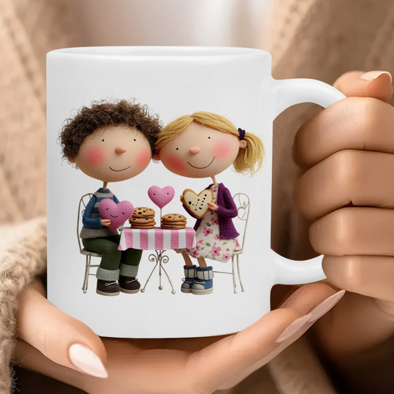 Tailorly White Ceramic 11 oz Mug - Whimsical Cartoon Children Sitting At Cafe Table Sharing Sweet Pink Hearts Couple