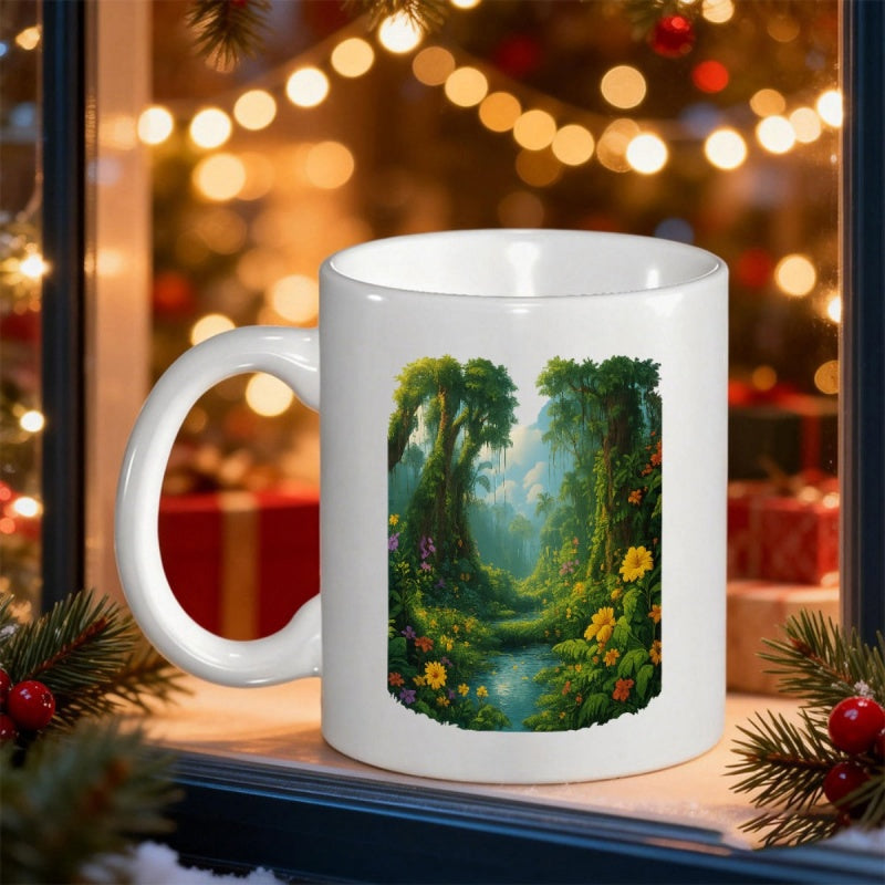 Tailorly White Ceramic 11 oz Mug - Lush Green Foliage With Vibrant Yellow Flowers In Dense Misty Jungle