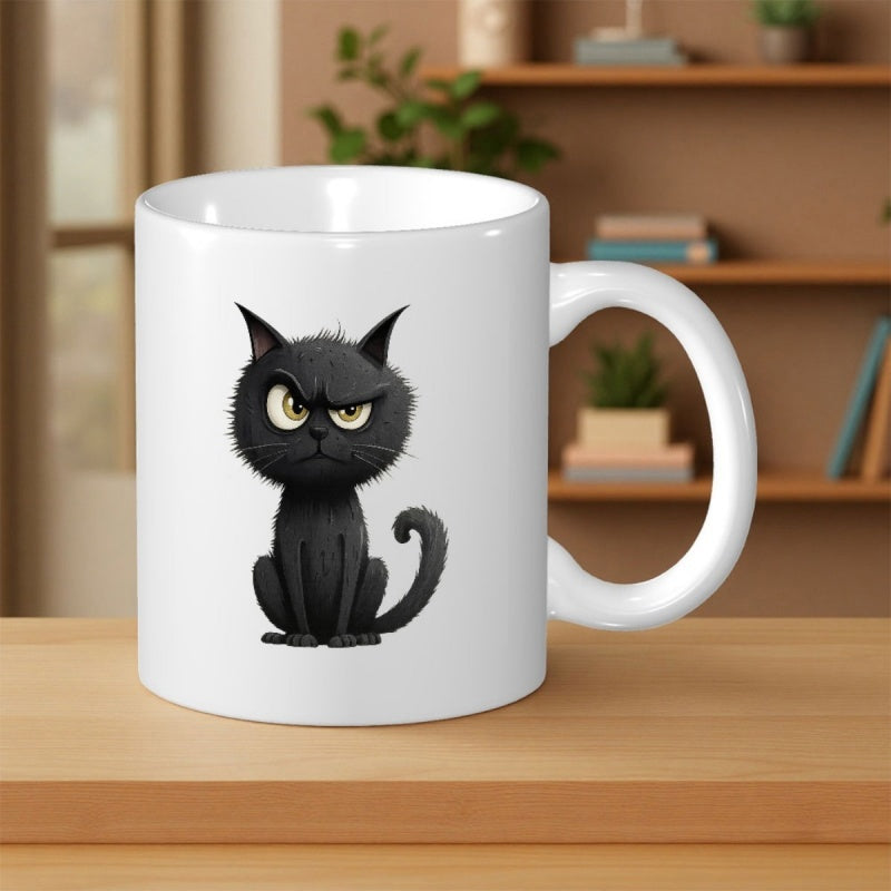 Tailorly White Ceramic 11 oz Mug - Sitting Furry Black Kitten With Angry Expression And Curved Tail Cat