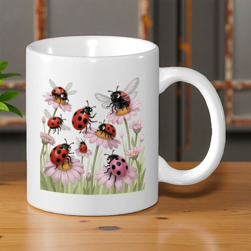 Tailorly White Ceramic 11 oz Mug - Vibrant Ladybugs And Bees Resting Among Pink Petals On Blooming Garden Ladybug