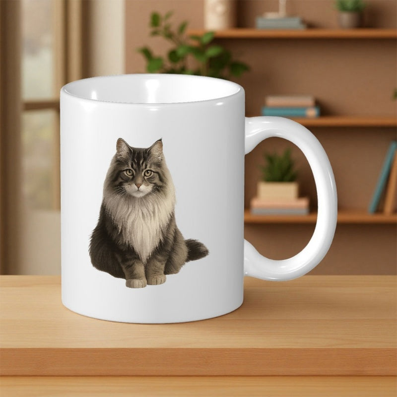 Tailorly White Ceramic 11 oz Mug - Majestic Long Haired Feline Sitting Peacefully On A Minimalist White Surface Cat