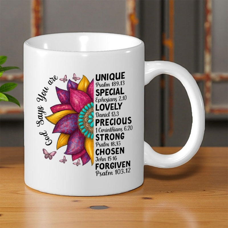 Tailorly White Ceramic 11 oz Mug - God Says You Are Unique Special Lovely Precious Strong Chosen Forgiven Vibrant Petals With Small Butterflies Floating Around A