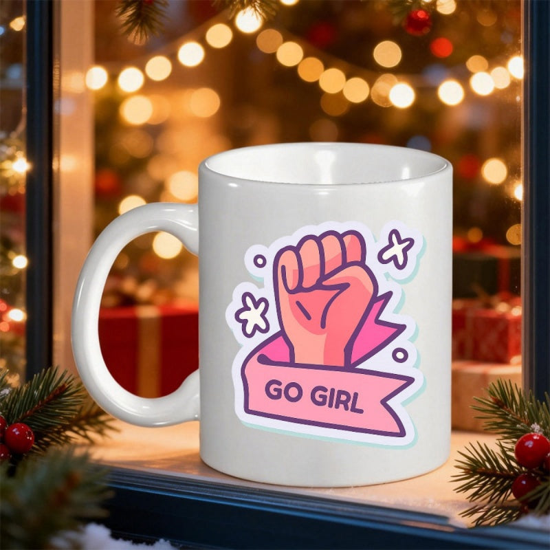 Tailorly White Ceramic 11 oz Mug - Go Girl Empowering Cartoon Style Clenched Hand Above A Pink Ribbon Ornament Fist