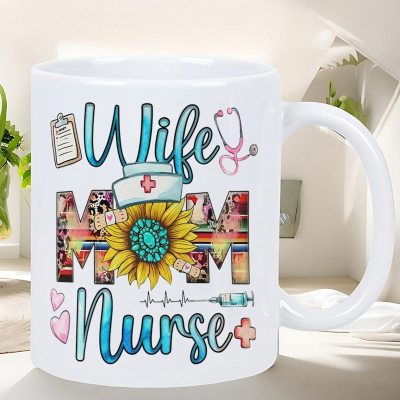 Tailorly White Ceramic 11 oz Mug - Wife Mom Nurse Vibrant Yellow Petals With Stethoscope And Nurse Hat Decorating The Sunflower