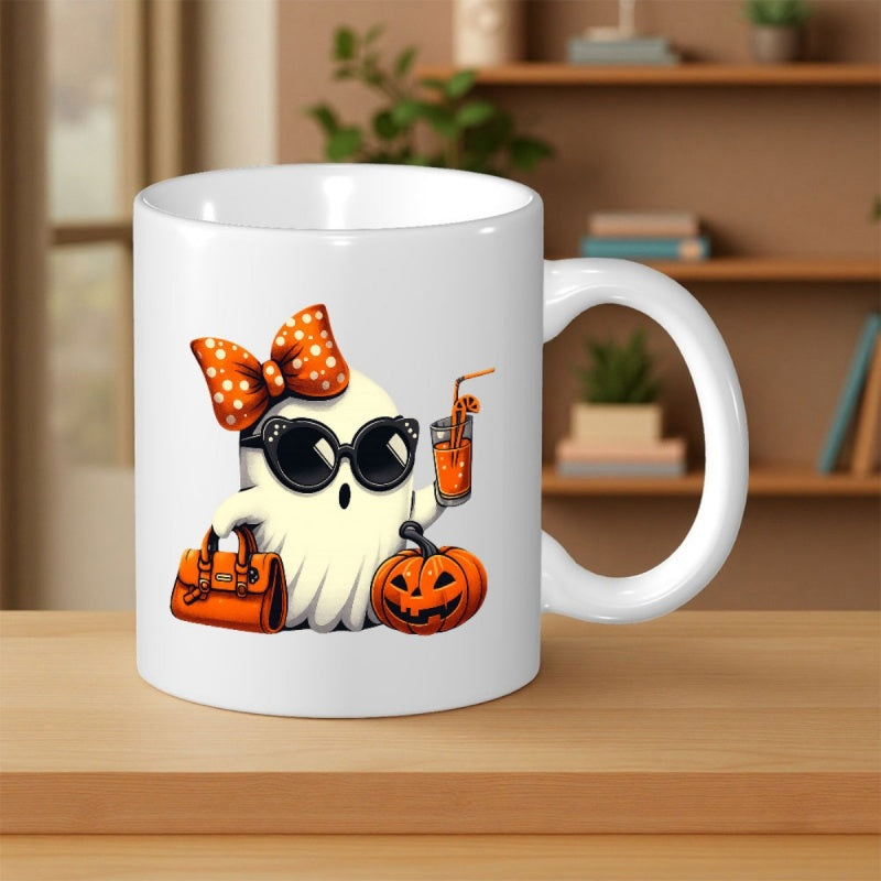 Tailorly White Ceramic 11 oz Mug - Adorable Spooky Character Wearing Polka Dot Bow Standing With Jack O Lantern Ghost