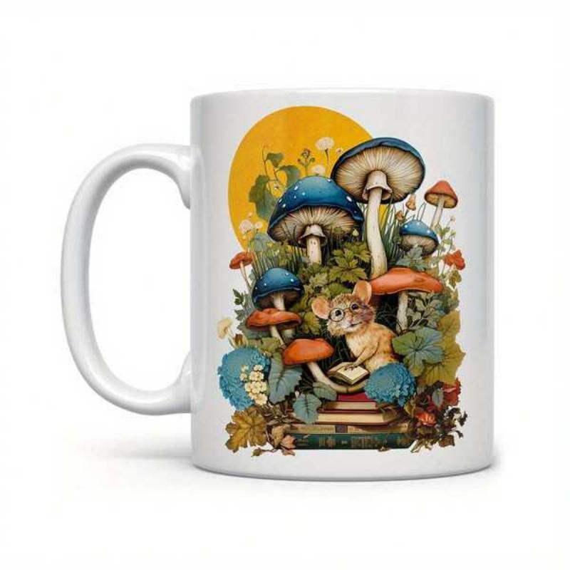 Tailorly White Ceramic 11 oz Mug - Whimsical Tiny Creature Reading Book Under Large Vibrant Colorful Forest Mushroom