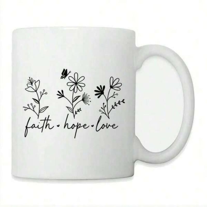 Tailorly White Ceramic 11 oz Mug - Faith Hope Love Minimalist Black Line Drawing Of Wildflowers Blooming With A Graceful Tiny Butterfly Flower