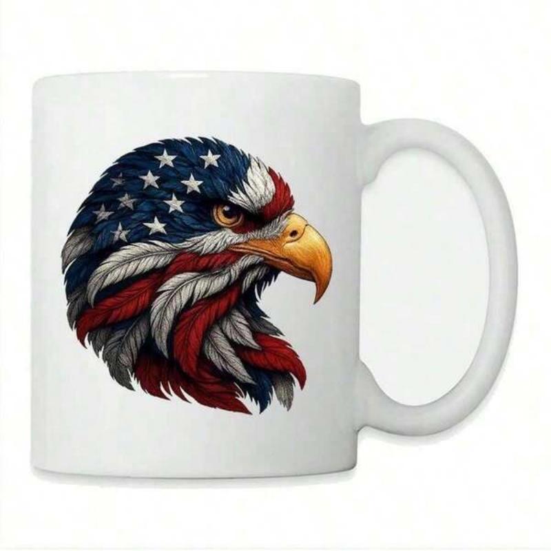 Tailorly White Ceramic 11 oz Mug - Majestic Patriotic Bird With American Flag Feathers And Sharp Golden Beak Eagle