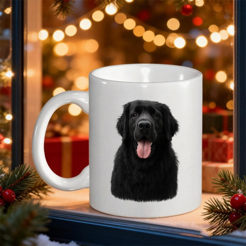 Tailorly White Ceramic 11 oz Mug - Majestic Black Newfoundland Sitting Calmly Among Festive Holiday Bokeh Lights Warm Background Dog