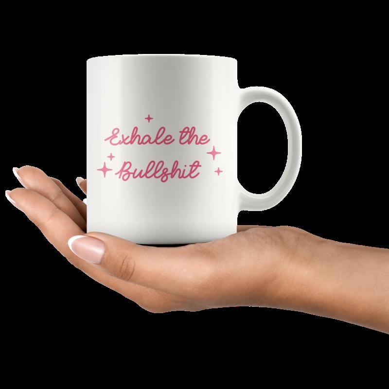 Tailorly White Ceramic 11 oz Mug - Exhale The Bullshit Minimalist White Ceramic Vessel With Delicate Pink Stars Held By Hand Mug