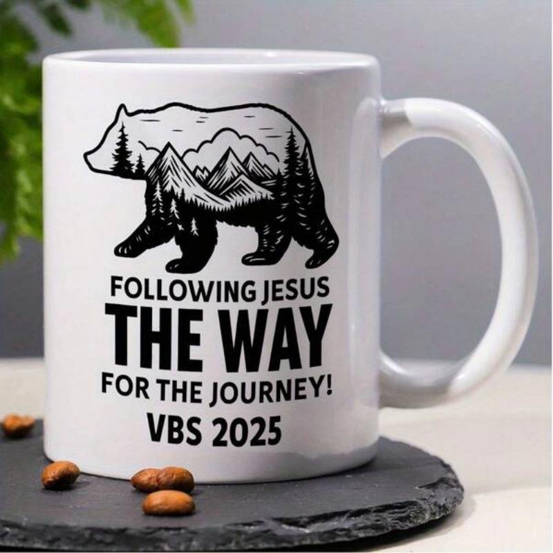Tailorly White Ceramic 11 oz Mug - Following Jesus The Way For The Journey VBS 2025 Rugged Mountain Landscape With Pine Trees Inside Wandering Wild Grizzly Bear