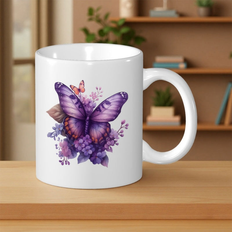 Tailorly White Ceramic 11 oz Mug - Vibrant Wings Hovering Over Soft Lavender Flowers In Elegant Watercolor Style Butterfly