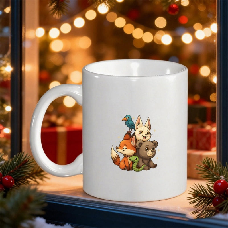 Tailorly White Ceramic 11 oz Mug - Whimsical Little Forest Friends Sitting Together In A Cute Playful Cluster Animal Group