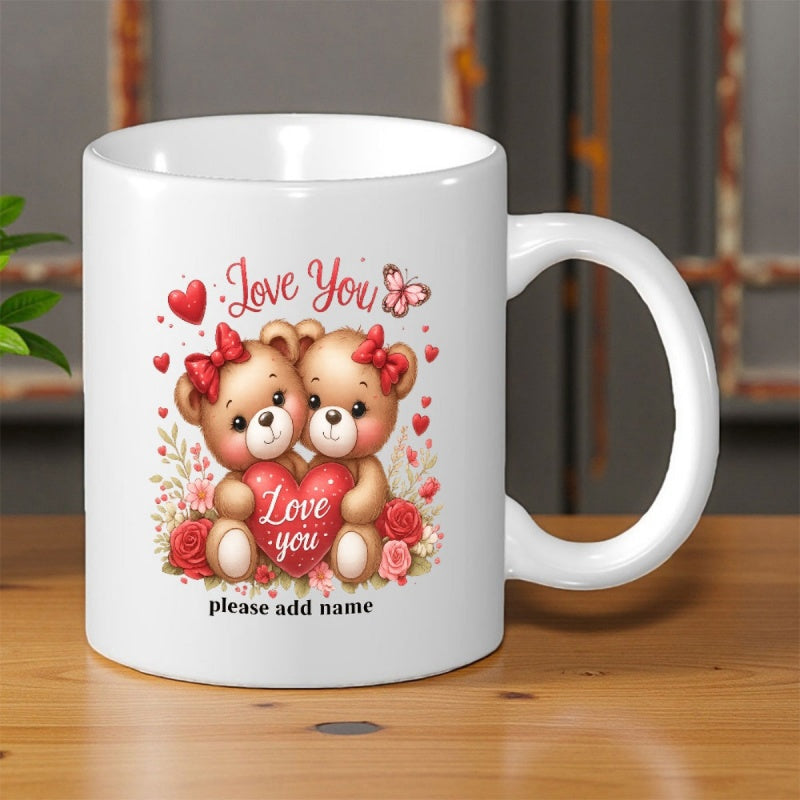 Tailorly White Ceramic 11 oz Mug - Love You Cute Couple Of Cuddly Animals Holding A Heart Among Blossoming Roses Bear