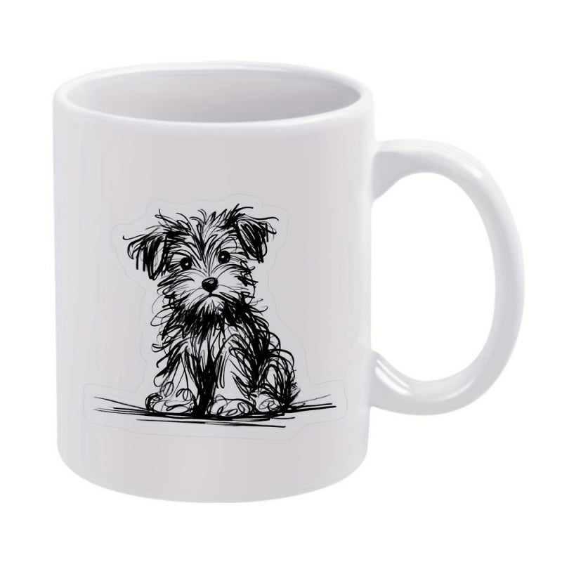 Tailorly White Ceramic 11 oz Mug - Hand Drawn Black Ink Style Of A Sitting Small Furry Puppy