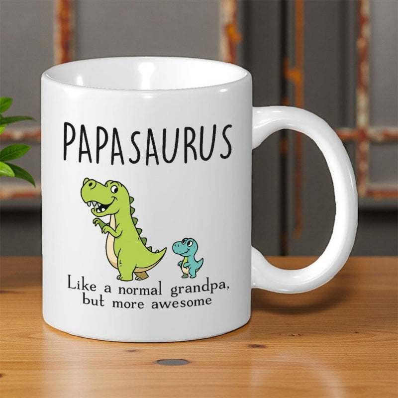 Tailorly White Ceramic 11 oz Mug - Papasaurus Like A Normal Grandpa But More Awesome Cute Cartoon Green And Blue Prehistoric Creatures Walking Dinosaur