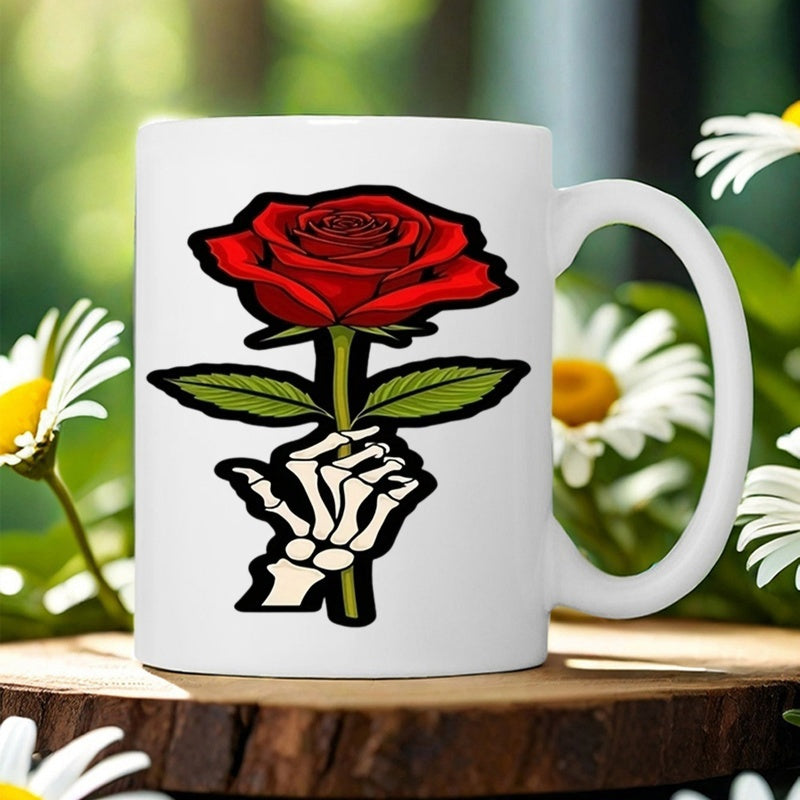 Tailorly White Ceramic 11 oz Mug - Intricate Skeletal Hand Holding A Vibrant Red Blooming Flower With Leaves Rose