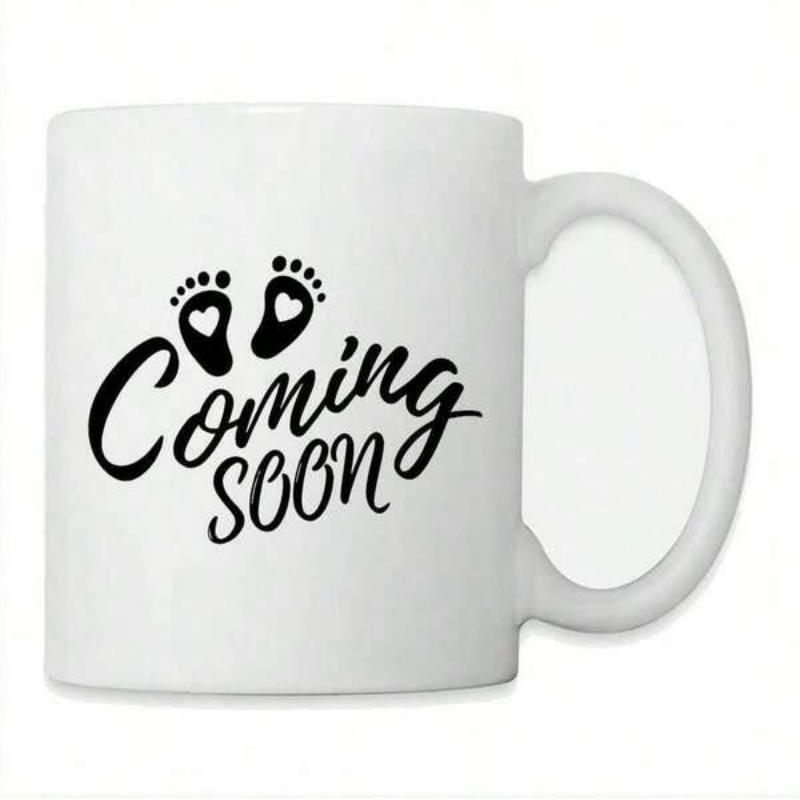 Tailorly White Ceramic 11 oz Mug - Coming Soon Minimalist Black Ink Small Baby Footprints With Heart Shaped Centers Footprints