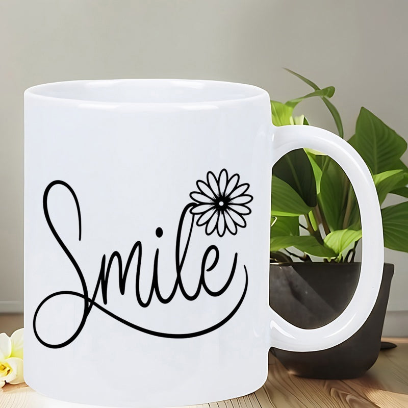 Tailorly White Ceramic 11 oz Mug - Smile Simple Black Daisy Blooming Gracefully At The End Of Word Daisy Flower