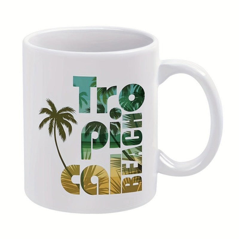 Tailorly White Ceramic 11 oz Mug - Tropical Beach Graceful Summer Breezy Silhouette With Exotic Leaves And Green Textures Palm Tree