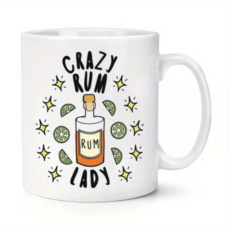 Tailorly White Ceramic 11 oz Mug - Crazy Rum Lady Stylized Glass Rum Bottle Surrounded By Fresh Lime Slices And Stars Bottle