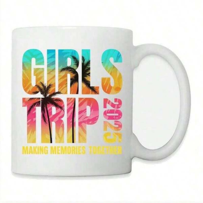 Tailorly White Ceramic 11 oz Mug - Girls Trip Making Memories Tropical Sunset Background With Silhouette Palm Trees In Vibrant Summer Style Mug