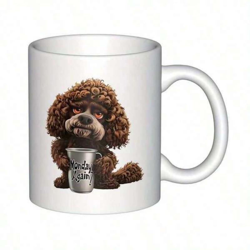 Tailorly White Ceramic 11 oz Mug - Monday Mood Tired Brown Dog With Curly Fur Holding A Metal Mug Poodle