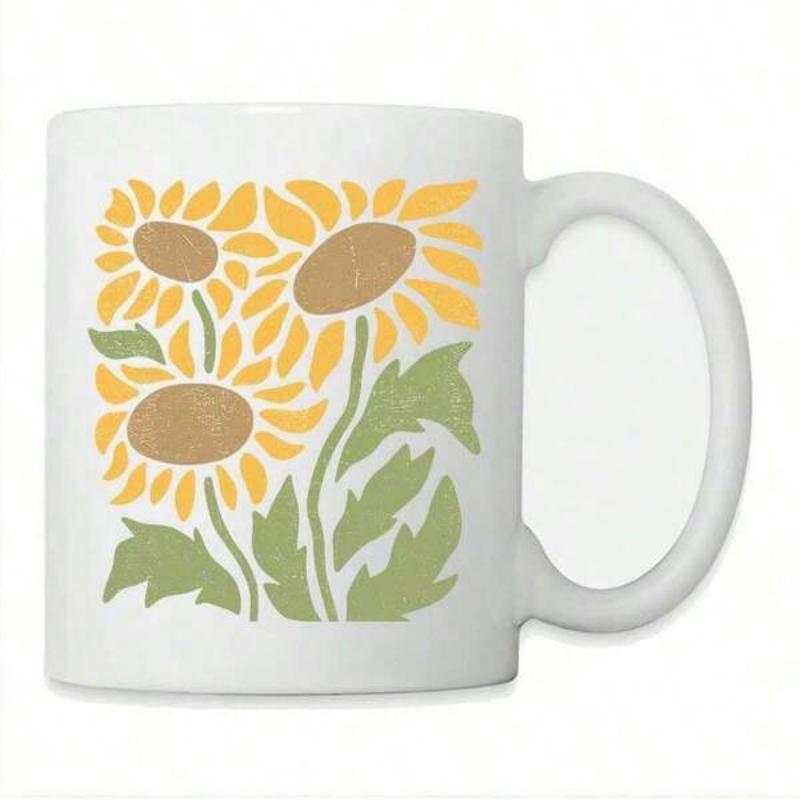 Tailorly White Ceramic 11 oz Mug - Vibrant Yellow Petals With Green Leaves On Stems Stylized Sunflowers