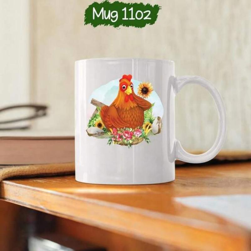 Tailorly White Ceramic 11 oz Mug - Mug 1102 Rustic Farmhouse Style Character Sitting In Nest Among Bright Yellow Sunflowers Hen