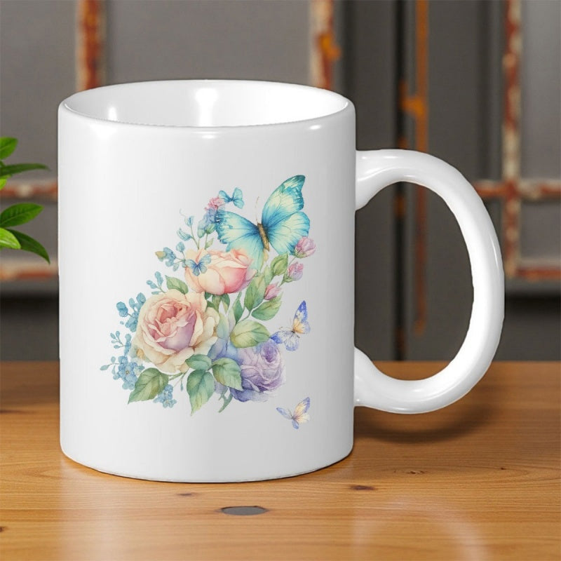 Tailorly White Ceramic 11 oz Mug - Elegant Pastel Watercolor Roses With Delicate Blue Wings Hovering Among Soft Green Leaves Butterfly