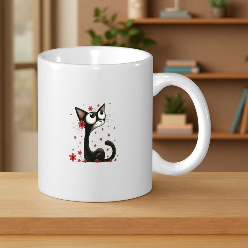 Tailorly White Ceramic 11 oz Mug - Elegant Slender Black Cat With Large Curious Eyes Sitting Among Red Flowers Cat
