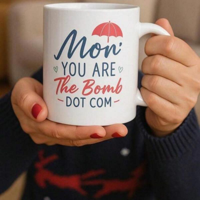 Tailorly White Ceramic 11 oz Mug - Mom You Are The Bomb Dot Com Minimalist Red Umbrella Surrounded By Small Delicate Floating Hearts Umbrella