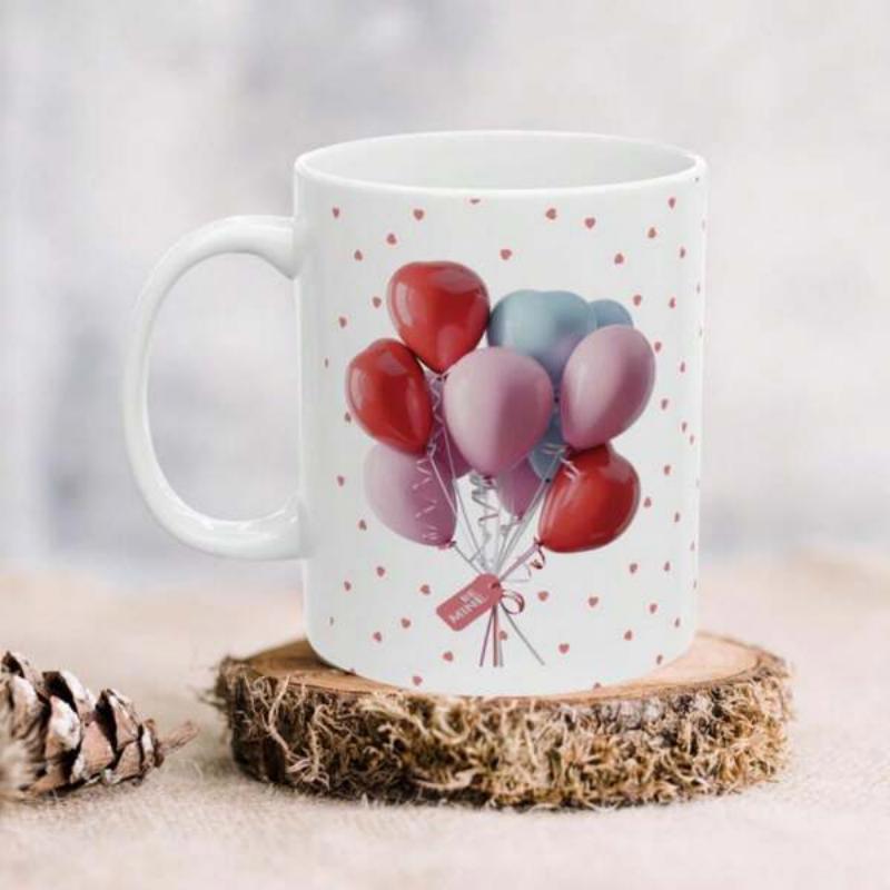 Tailorly White Ceramic 11 oz Mug - Colorful Heart Shaped Balloons Floating Within Soft Red Polka Dot Pattern Balloon