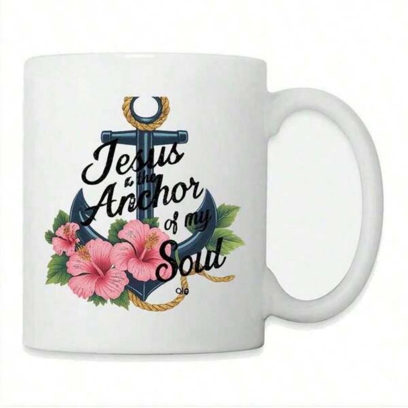 Tailorly White Ceramic 11 oz Mug - Jesus Is The Anchor Of My Soul Classic Nautical Anchor Decorated With Pink Hibiscus Flowers And Golden Rope Anchor