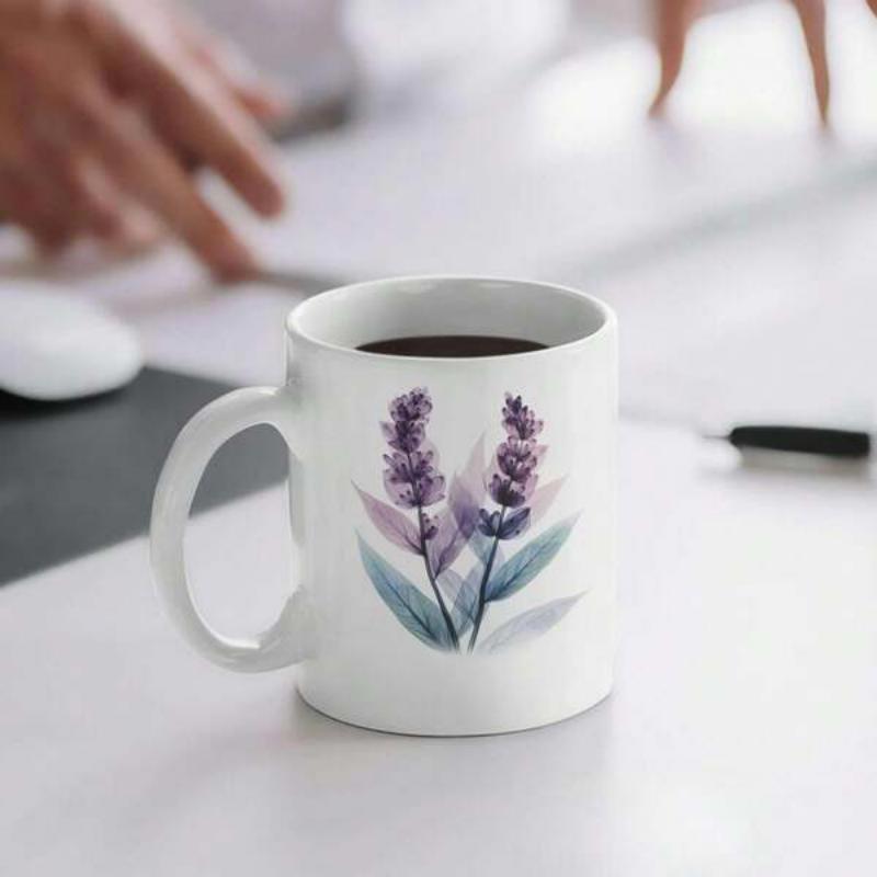 Tailorly White Ceramic 11 oz Mug - Elegant Watercolor Stalks With Purple Blooms And Soft Green Leaves Lavender