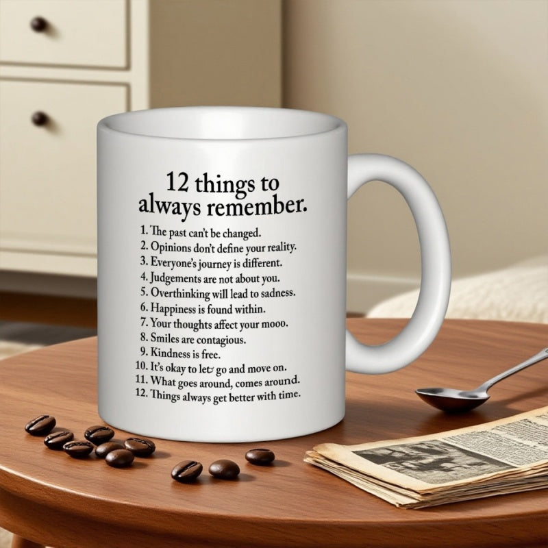 Tailorly White Ceramic 11 oz Mug - 12 Things To Always Remember Minimalist White Ceramic Vessel With Black Text Among Coffee Beans Mug