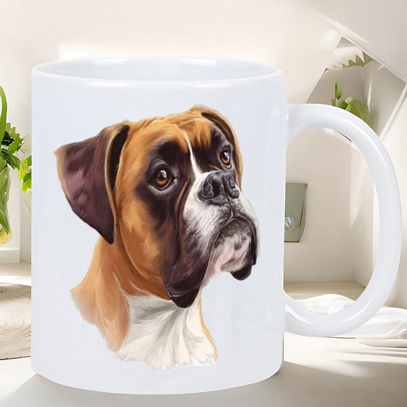 Tailorly White Ceramic 11 oz Mug - Detailed Artistic Illustration Of A Brown Boxer With Attentive Gaze Dog