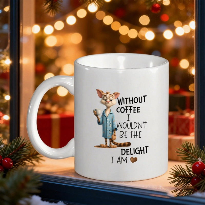 Tailorly White Ceramic 11 oz Mug - Without Coffee I Wouldnt Be The Delight I Am Whimsical Cartoon Fox Wearing A Blue Robe Holding Cup Fox