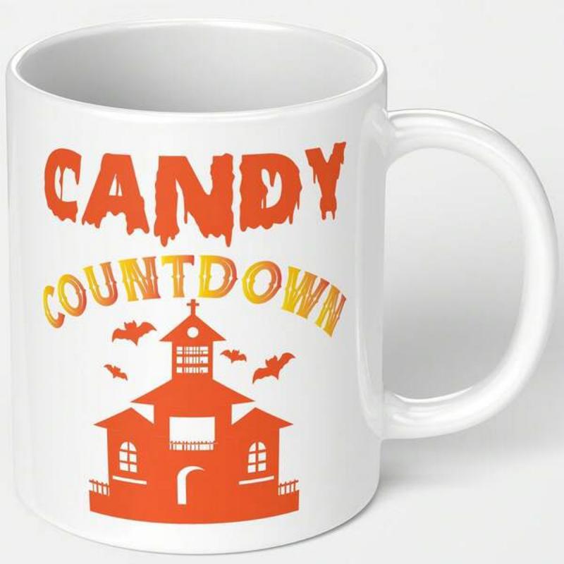 Tailorly White Ceramic 11 oz Mug - Candy Countdown Spooky Haunted House Silhouette Surrounded By Many Flying Bats Mug