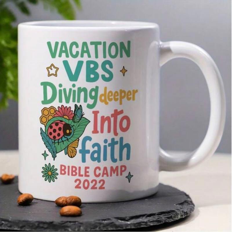 Tailorly White Ceramic 11 oz Mug - Vacation Vbs Diving Deeper Into Faith Bible Camp 2022 Tiny Colorful Spotted Ladybug Resting On Vibrant Green Leaf Ladybug