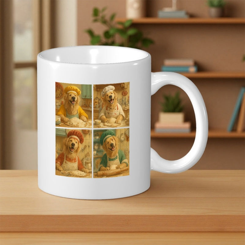 Tailorly White Ceramic 11 oz Mug - Adorable Chef Golden Retrievers Baking Inside A Warm Cozy Rustic Kitchen Golden Retriever