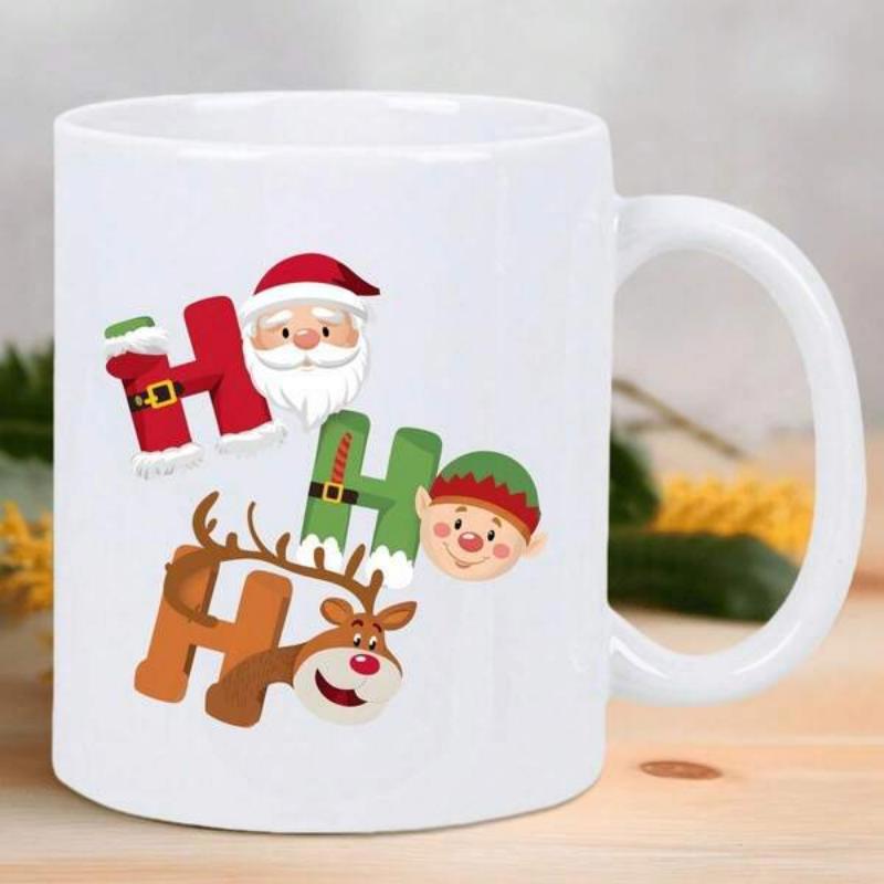 Tailorly White Ceramic 11 oz Mug - Ho Ho Ho Festive Characters Peeking Through Colorful Decorative Letters In A Winter Theme Sign
