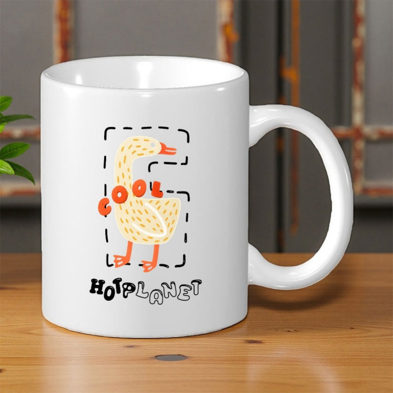 Tailorly White Ceramic 11 oz Mug - Cool Hot Planet Cute Yellow Cartoon Animal Standing Within Minimalist Dashed Outlines Duck