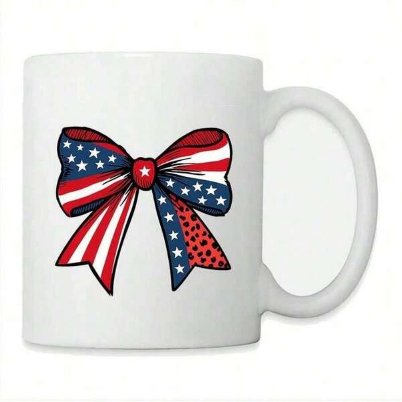 Tailorly White Ceramic 11 oz Mug - Patriotic American Flag Pattern With Stars And Stripes And Leopard Bow